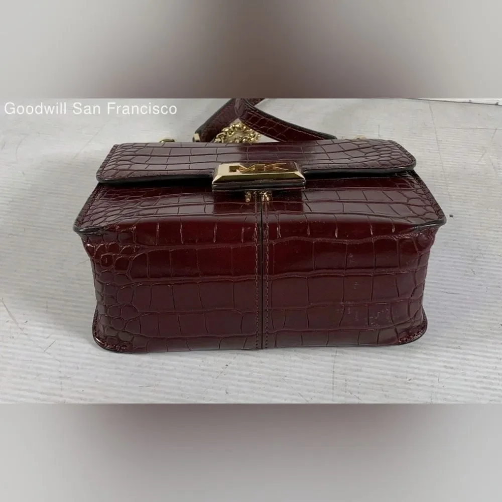 Michael Kors MK Sonia Red Burgundy Croc Embossed Square Crossbody Shoulder Bag